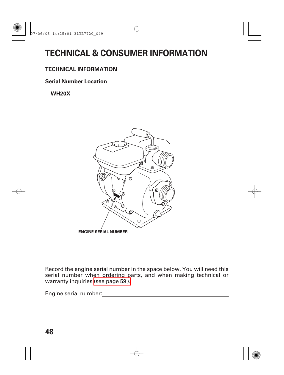 Technical & consumer information, Technical information, Serial number location | HONDA WH15X User Manual | Page 50 / 64