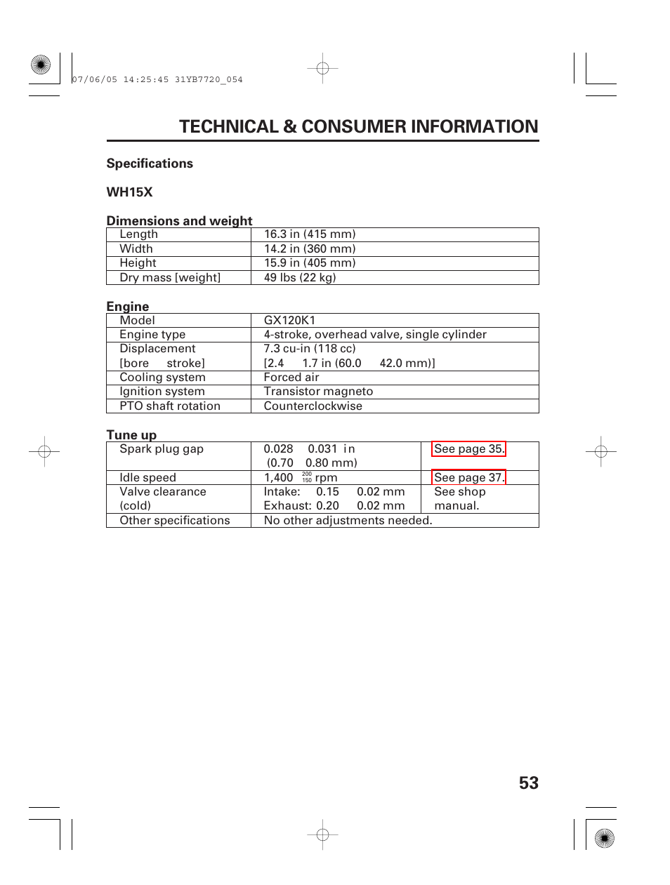 Wh15x specifications, 53 technical & consumer information | HONDA WH15X User Manual | Page 55 / 64