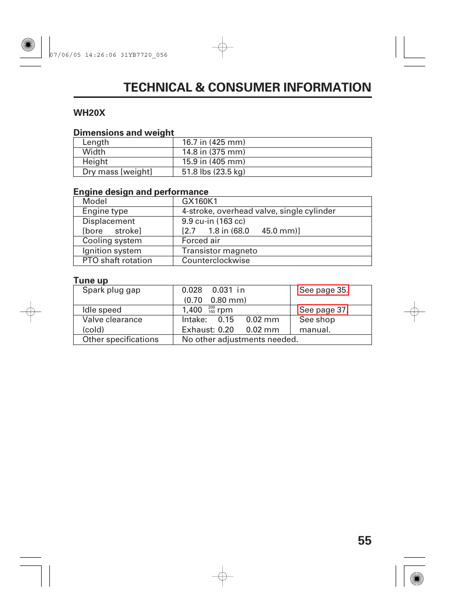 Wh20x specifications, 55 technical & consumer information | HONDA WH15X User Manual | Page 57 / 64