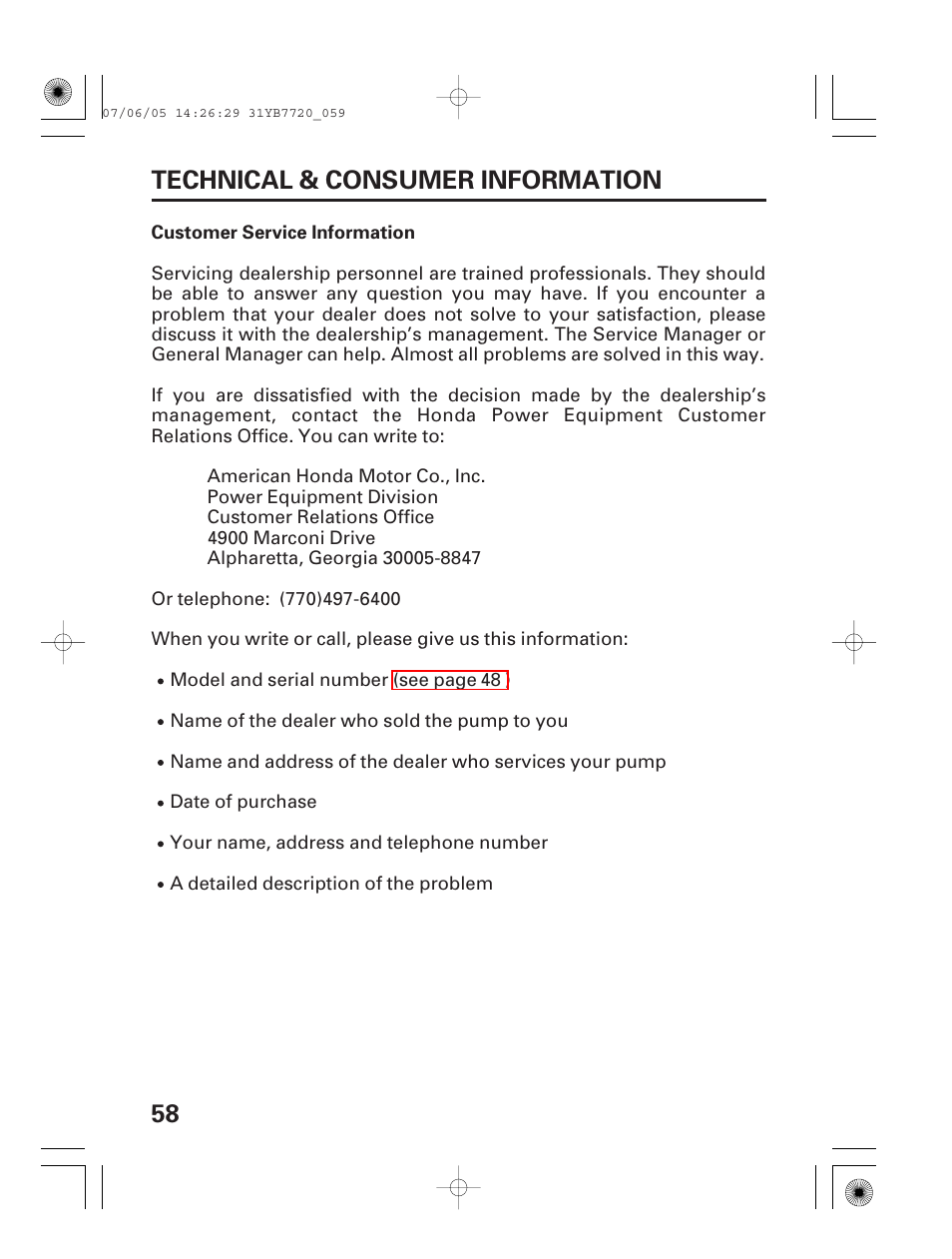Customer service information, 58 technical & consumer information | HONDA WH15X User Manual | Page 60 / 64