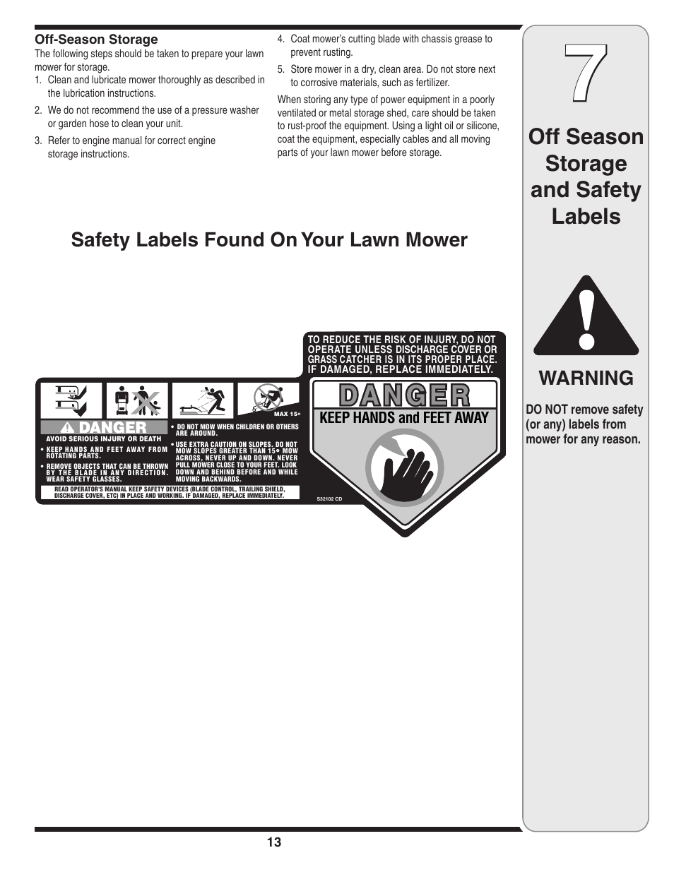 Off season storage and safety labels, Warning, Safety labels found on your lawn mower | HONDA V550 User Manual | Page 13 / 16