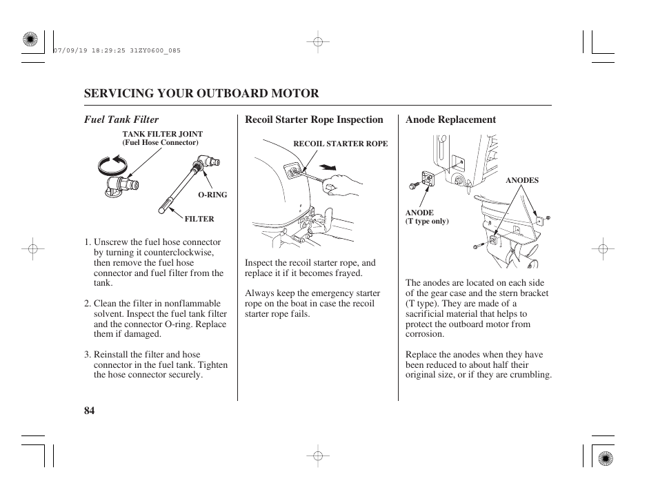 Recoil starter rope inspection, Anode replacement, Servicing your outboard motor | HONDA BF20D User Manual | Page 86 / 148