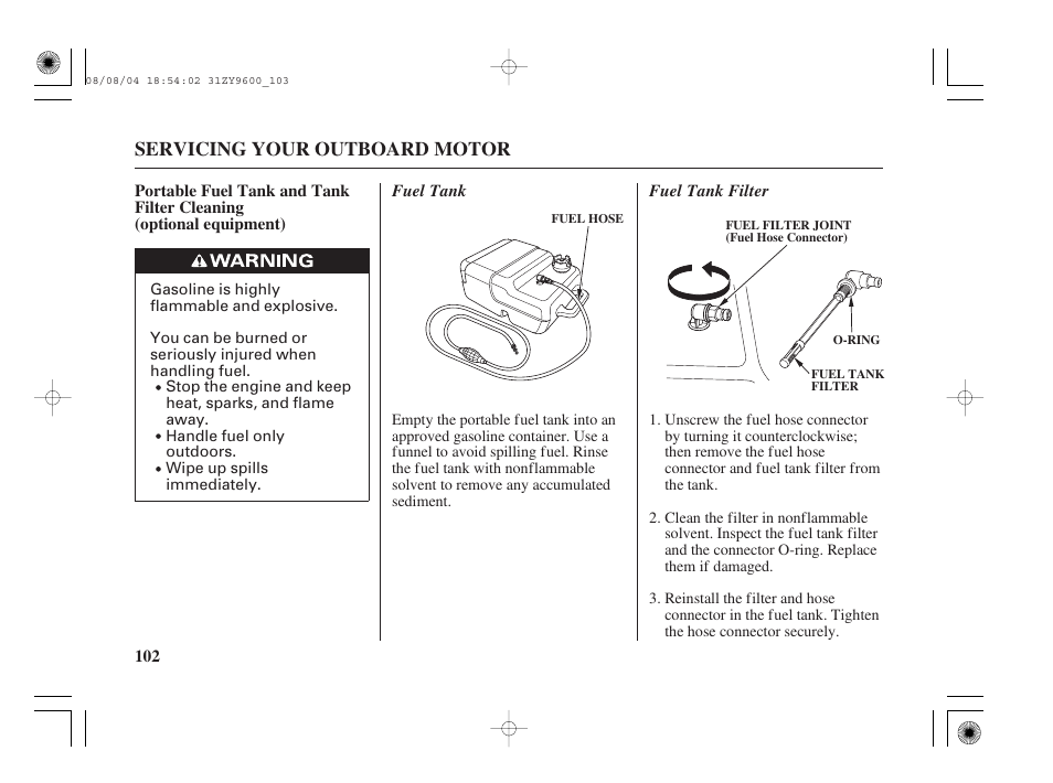 Portable fuel tank and tank filter cleaning | HONDA Outdoor Motor BF90D User Manual | Page 104 / 151