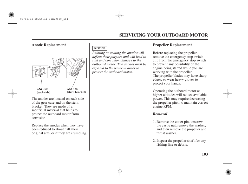 Anode replacement, Propeller replacement | HONDA Outdoor Motor BF90D User Manual | Page 105 / 151