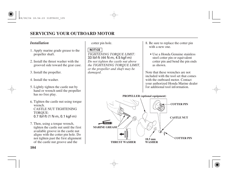 Servicing your outboard motor | HONDA Outdoor Motor BF90D User Manual | Page 106 / 151