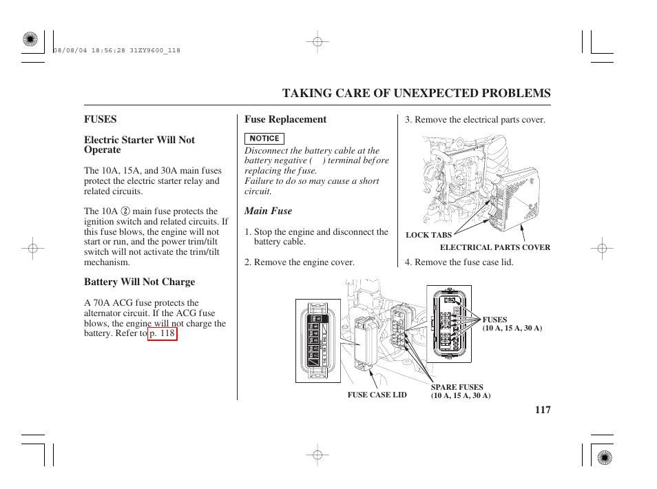 Fuses, Electric starter will not operate, Battery will not charge | Fuse replacement | HONDA Outdoor Motor BF90D User Manual | Page 119 / 151