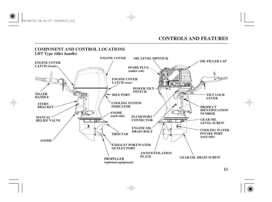 Component and control locations, Lht type, Controls and features | 11 component and control locations | HONDA Outdoor Motor BF90D User Manual | Page 13 / 151