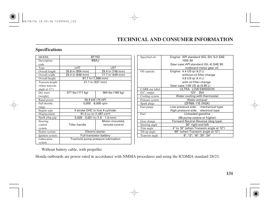 Specifications, Technical and consumer information, 131 specifications | HONDA Outdoor Motor BF90D User Manual | Page 133 / 151