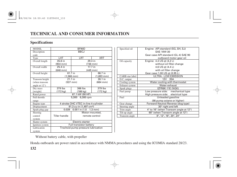 Technical and consumer information, 132 specifications | HONDA Outdoor Motor BF90D User Manual | Page 134 / 151