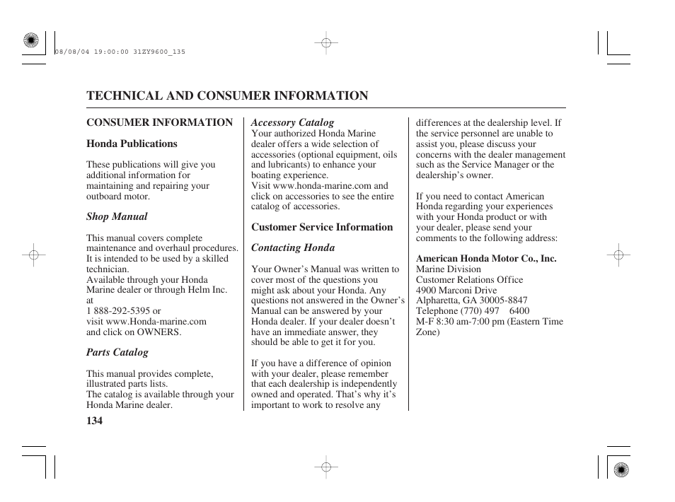 Consumer information, Honda publications, Customer service information | HONDA Outdoor Motor BF90D User Manual | Page 136 / 151
