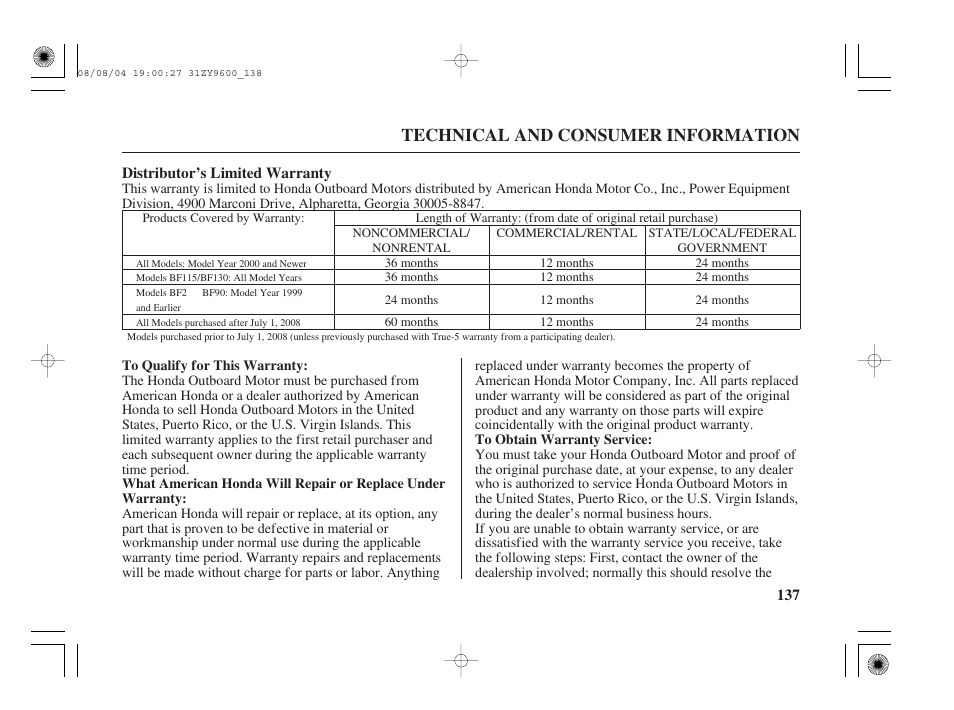 Distributor's limited warranty, Technical and consumer information | HONDA Outdoor Motor BF90D User Manual | Page 139 / 151