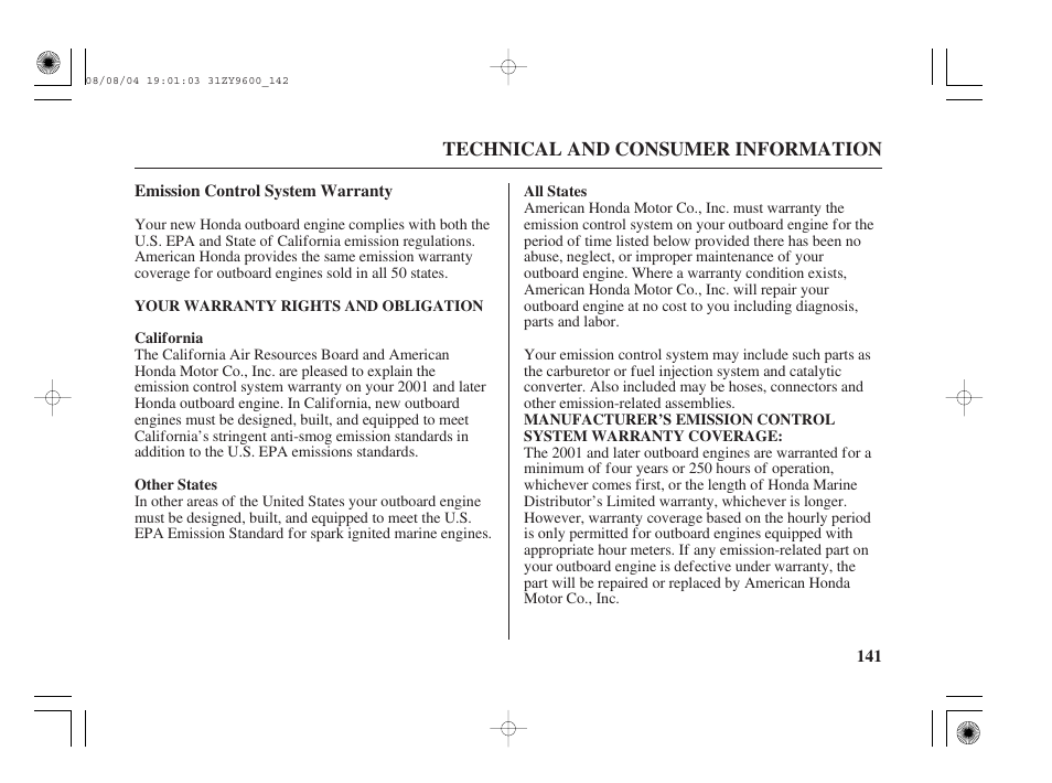 Emission control system warranty | HONDA Outdoor Motor BF90D User Manual | Page 143 / 151
