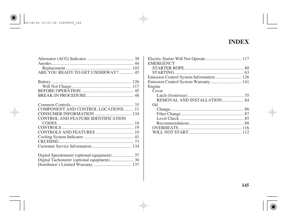 Index | HONDA Outdoor Motor BF90D User Manual | Page 147 / 151