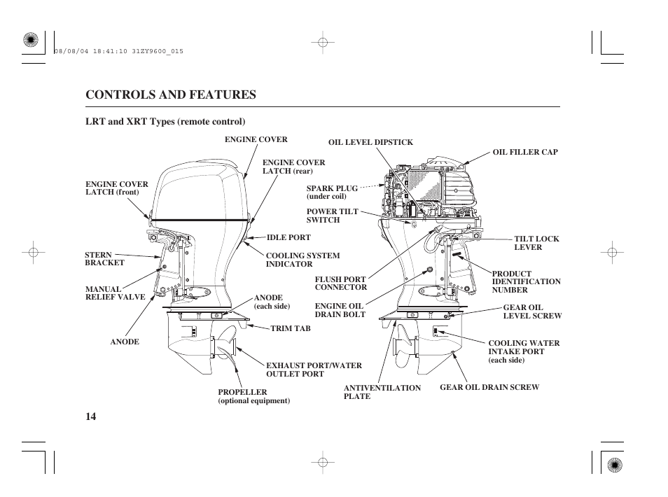 Lrt and xrt types, Controls and features | HONDA Outdoor Motor BF90D User Manual | Page 16 / 151
