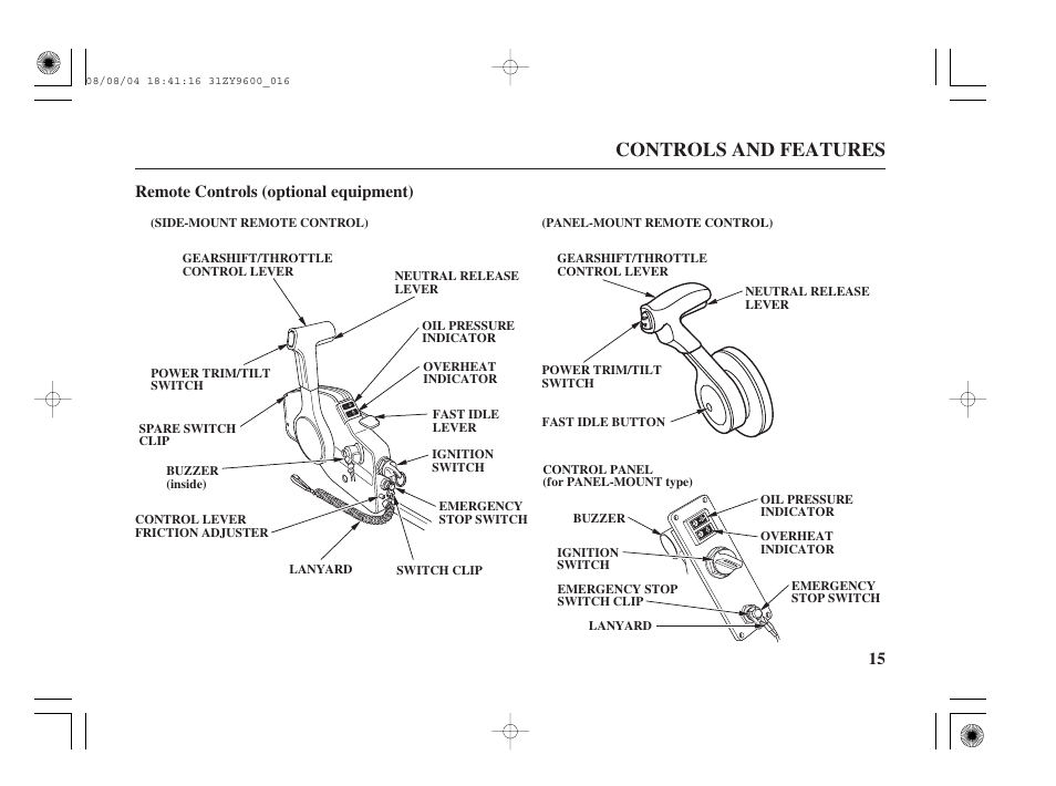 Remote controls (optional equipment), Controls and features, 15 remote controls (optional equipment) | HONDA Outdoor Motor BF90D User Manual | Page 17 / 151