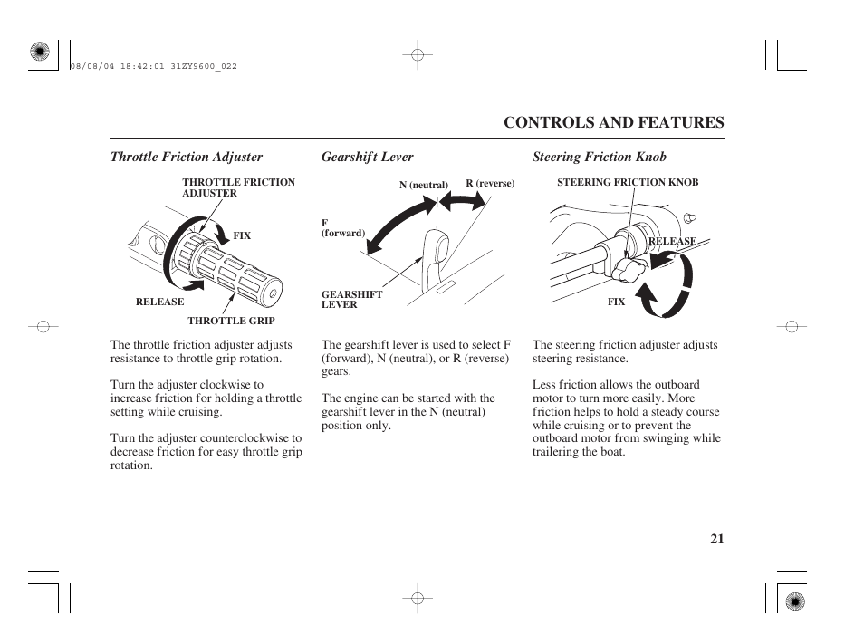 Throttle friction adjuster, Gearshift lever, Steering friction knob | Controls and features | HONDA Outdoor Motor BF90D User Manual | Page 23 / 151