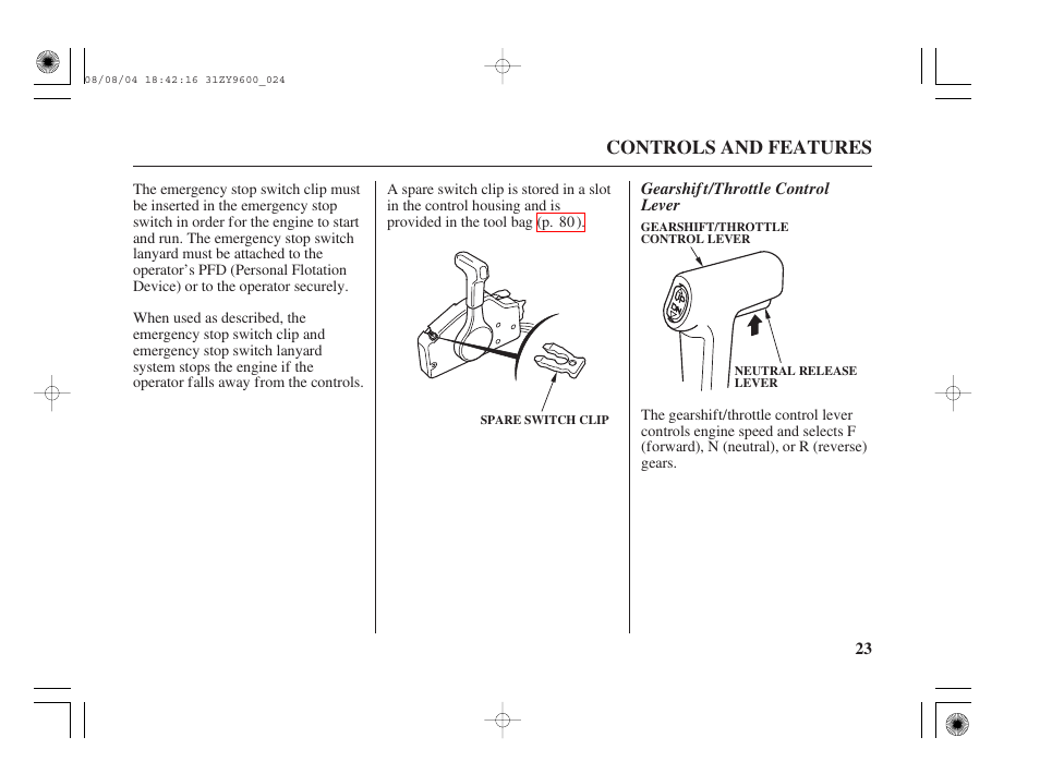 Gearshift/throttle control lever, Controls and features | HONDA Outdoor Motor BF90D User Manual | Page 25 / 151