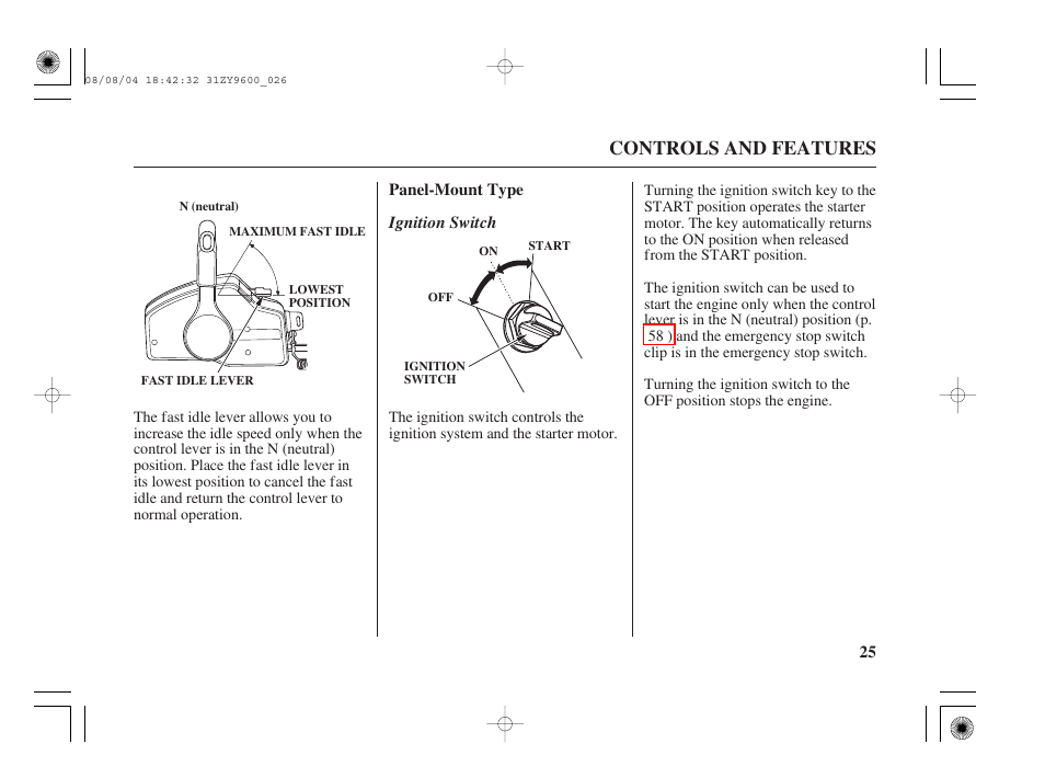 Panel-mount type, Ignition switch, Controls and features | HONDA Outdoor Motor BF90D User Manual | Page 27 / 151