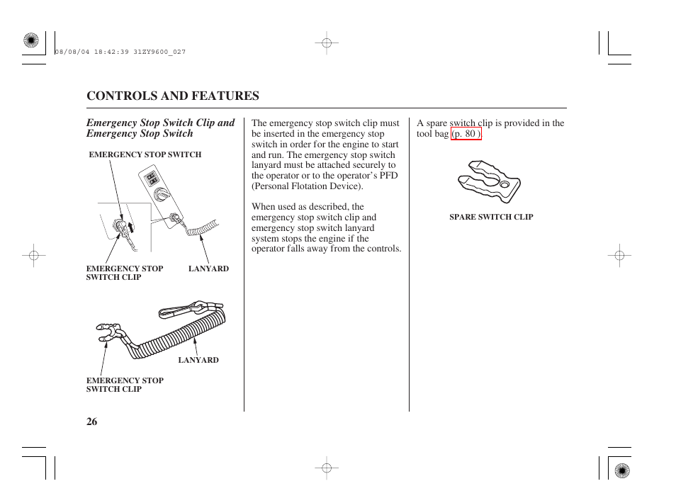 Switch clip and emergency stop switch, Controls and features | HONDA Outdoor Motor BF90D User Manual | Page 28 / 151
