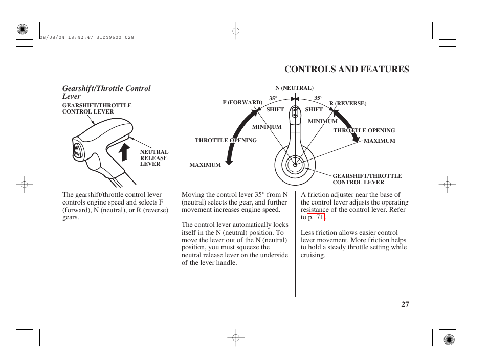 Gearshift/throttle control lever, Controls and features, Gearshif t/throttle control lever | HONDA Outdoor Motor BF90D User Manual | Page 29 / 151