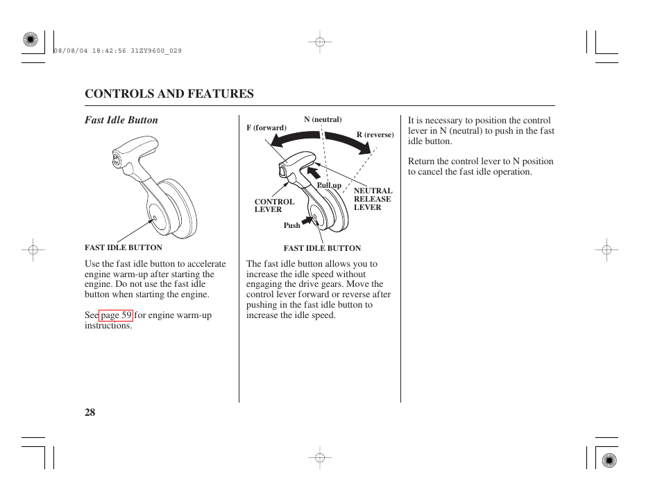 Fast idle button, Controls and features | HONDA Outdoor Motor BF90D User Manual | Page 30 / 151