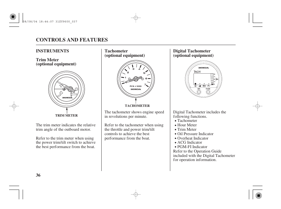 Instruments, Trim meter (optional equipment), Tachometer (optional equipment) | Digital tachometer (optional equipment) | HONDA Outdoor Motor BF90D User Manual | Page 38 / 151
