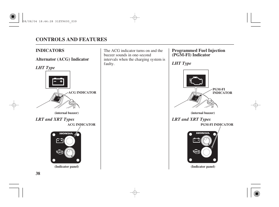 Indicators, Alternator (acg) indicator, Programmed fuel injection (pgm-fi) indicator | Controls and features | HONDA Outdoor Motor BF90D User Manual | Page 40 / 151