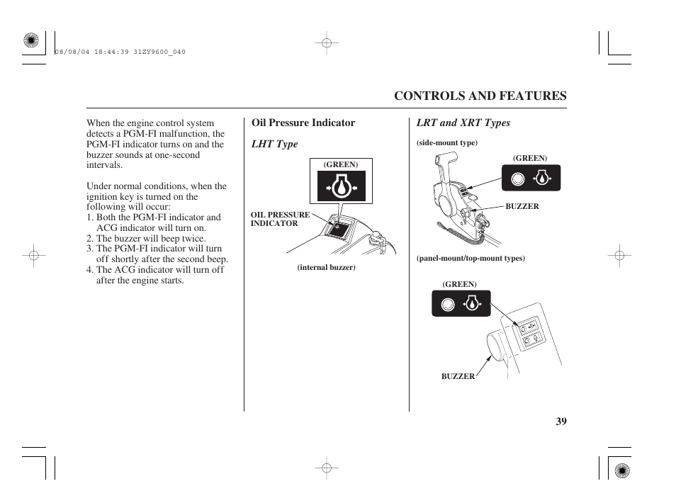 Oil pressure indicator, Controls and features | HONDA Outdoor Motor BF90D User Manual | Page 41 / 151