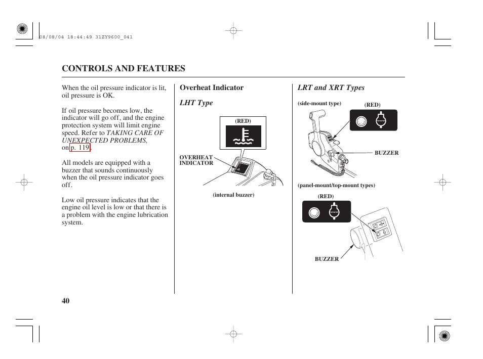 Overheat indicator, Controls and features | HONDA Outdoor Motor BF90D User Manual | Page 42 / 151