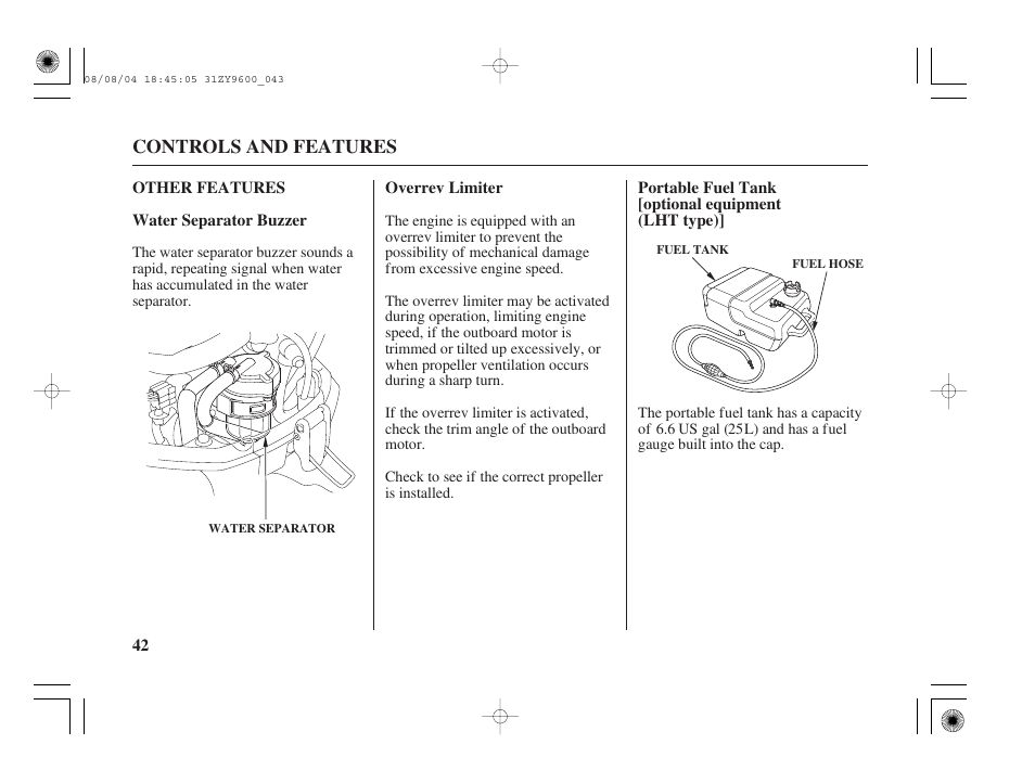 Other features, Water separator buzzer, Overrev limiter | Portable fuel tank (optional equipment lht type) | HONDA Outdoor Motor BF90D User Manual | Page 44 / 151