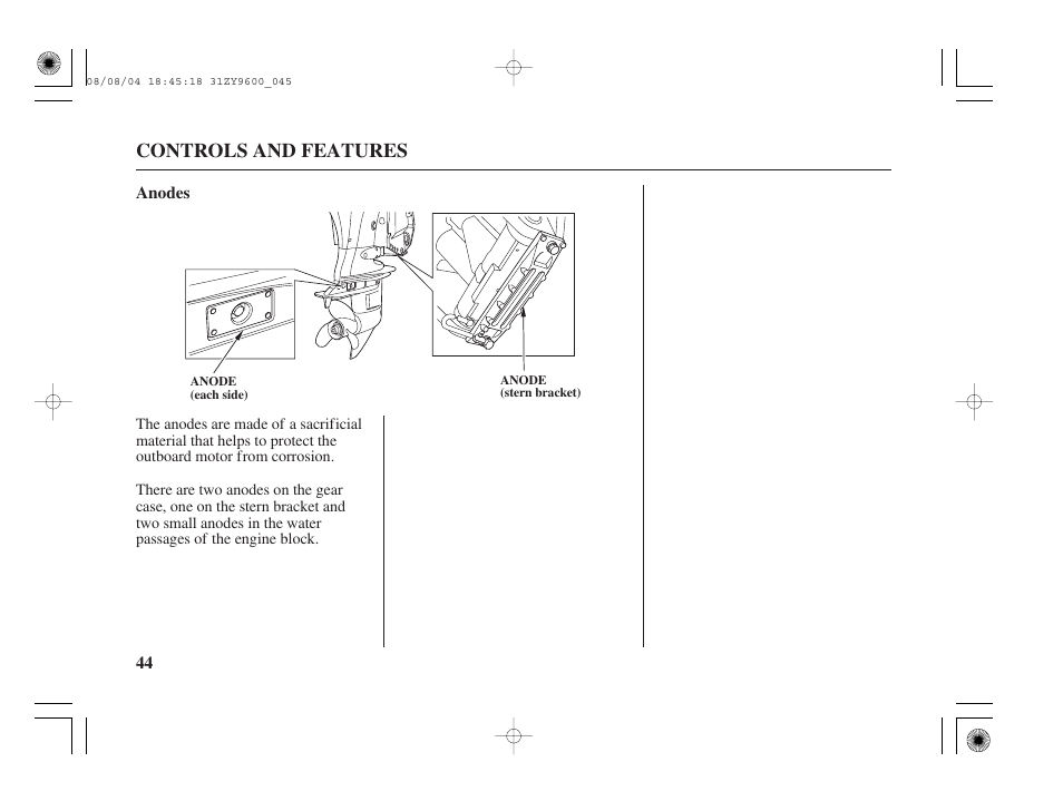 Anodes, Controls and features | HONDA Outdoor Motor BF90D User Manual | Page 46 / 151