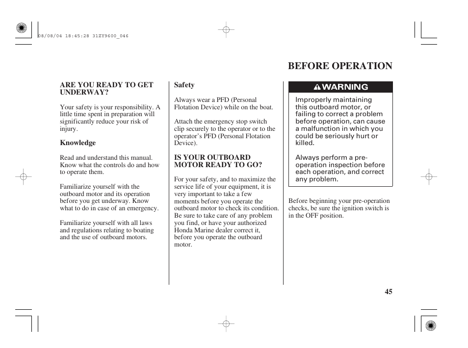 Before operation, Are you ready to get under way, Is your outboard motor ready to go | HONDA Outdoor Motor BF90D User Manual | Page 47 / 151
