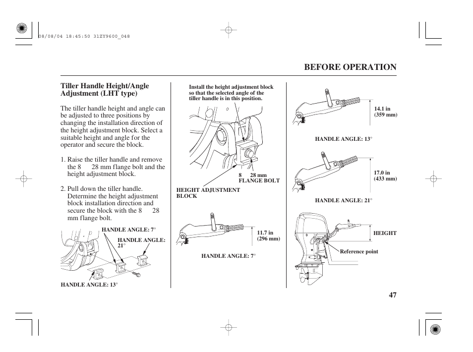 Tiller handle height/angle adjustment (lht type), Before operation | HONDA Outdoor Motor BF90D User Manual | Page 49 / 151