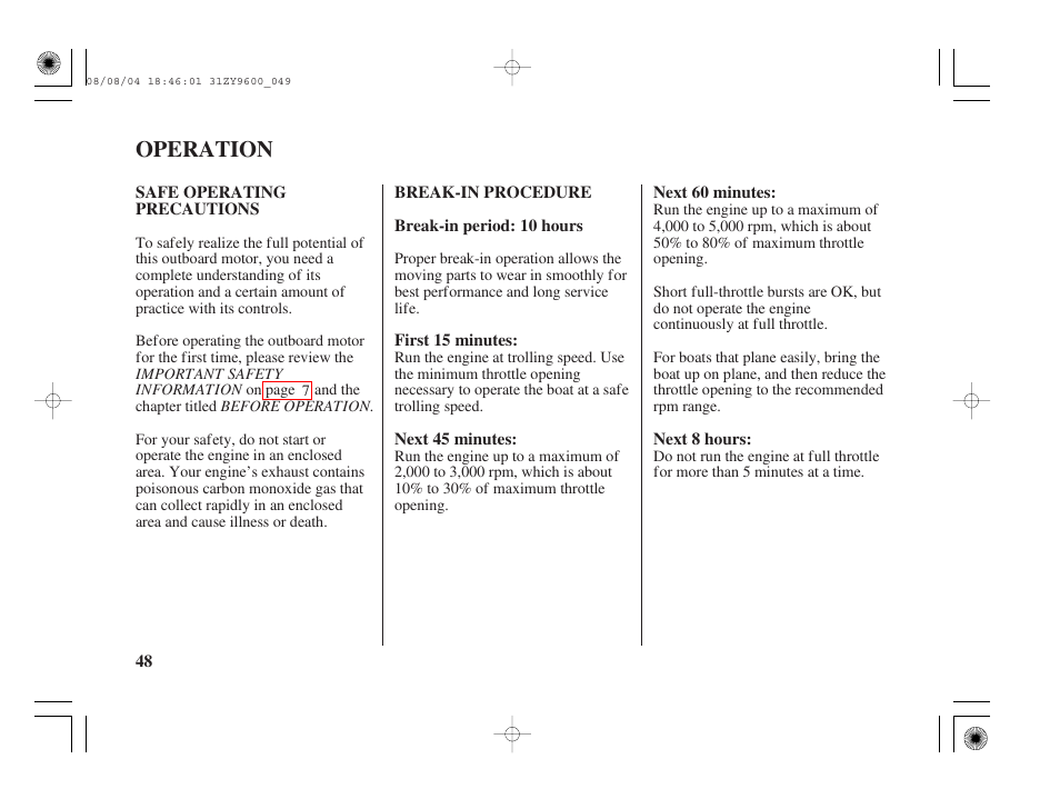 Operation, Safe operating precautions, Break-in procedure | HONDA Outdoor Motor BF90D User Manual | Page 50 / 151