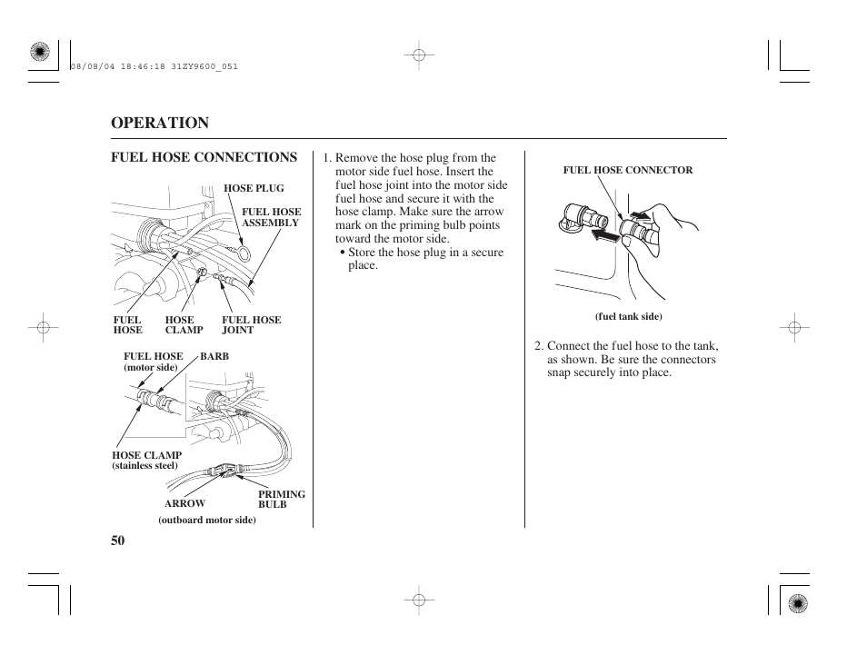 Fuel hose connections, Operation | HONDA Outdoor Motor BF90D User Manual | Page 52 / 151