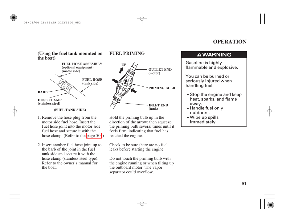 Fuel priming, Operation | HONDA Outdoor Motor BF90D User Manual | Page 53 / 151