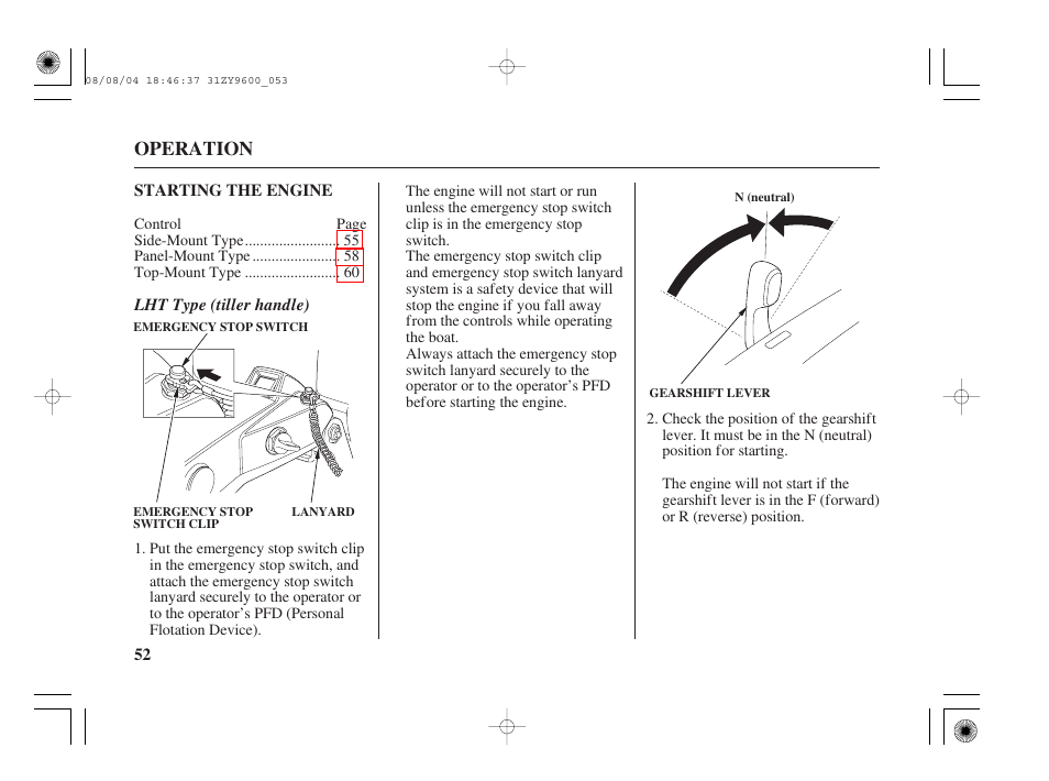 Starting the engine, Lht type, Operation | HONDA Outdoor Motor BF90D User Manual | Page 54 / 151