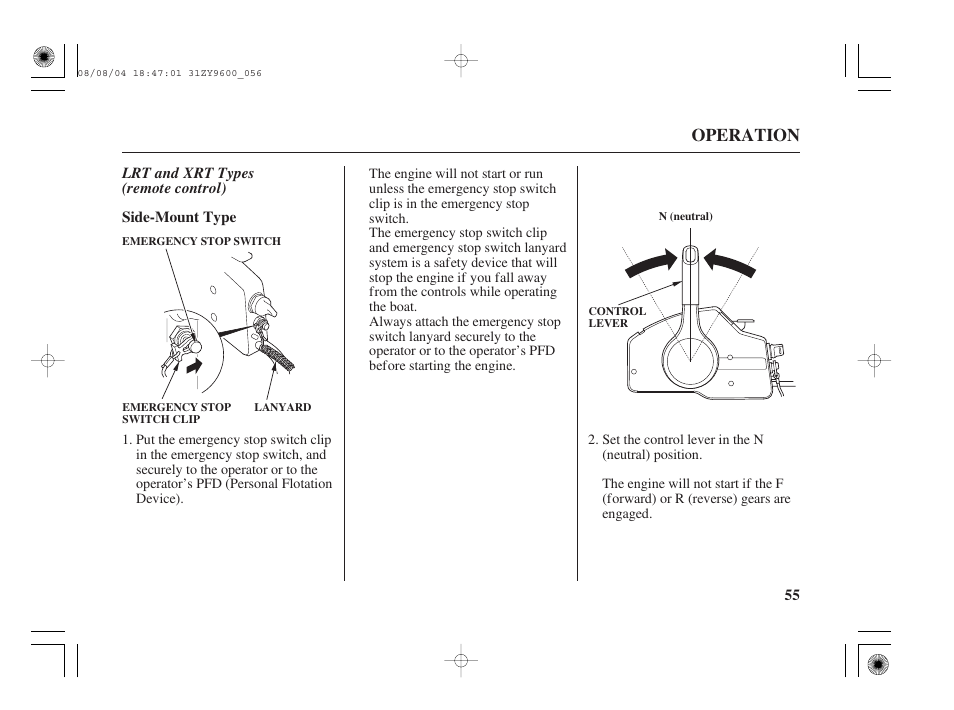 Lrt and xrt types, Side-mount type, Operation | HONDA Outdoor Motor BF90D User Manual | Page 57 / 151