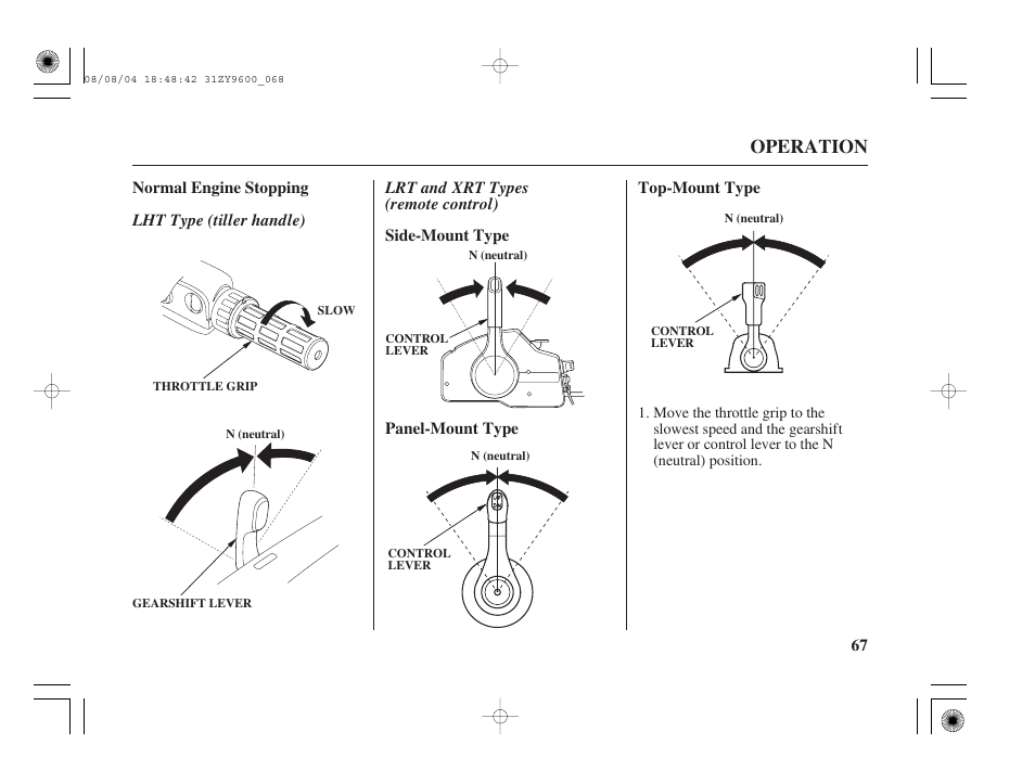 Normal engine stopping, Operation | HONDA Outdoor Motor BF90D User Manual | Page 69 / 151