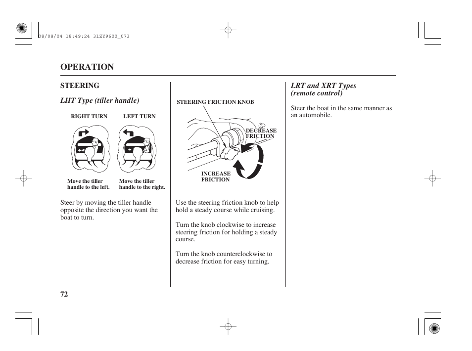 Steering, Operation, 72 steering | HONDA Outdoor Motor BF90D User Manual | Page 74 / 151
