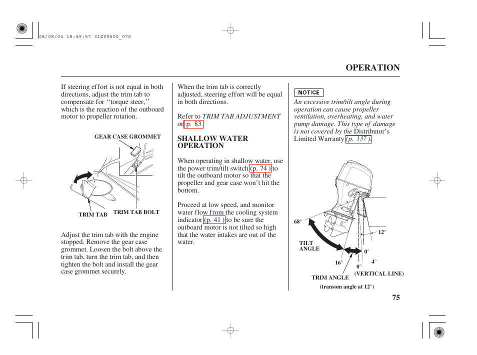 Shallow water operation, Operation | HONDA Outdoor Motor BF90D User Manual | Page 77 / 151