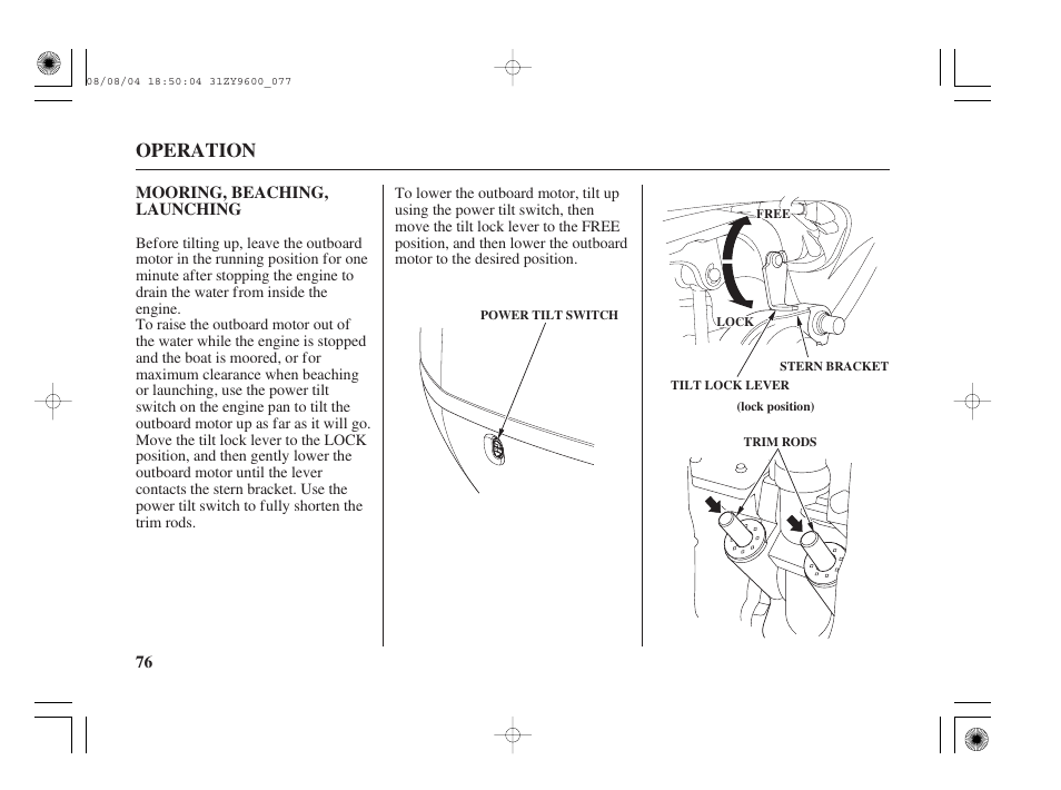 Mooring, beaching, launching, Operation | HONDA Outdoor Motor BF90D User Manual | Page 78 / 151