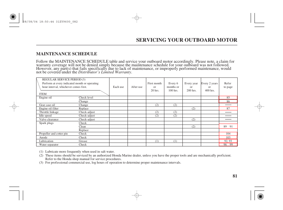 Maintenance schedule, Servicing your outboard motor, 81 maintenance schedule | HONDA Outdoor Motor BF90D User Manual | Page 83 / 151