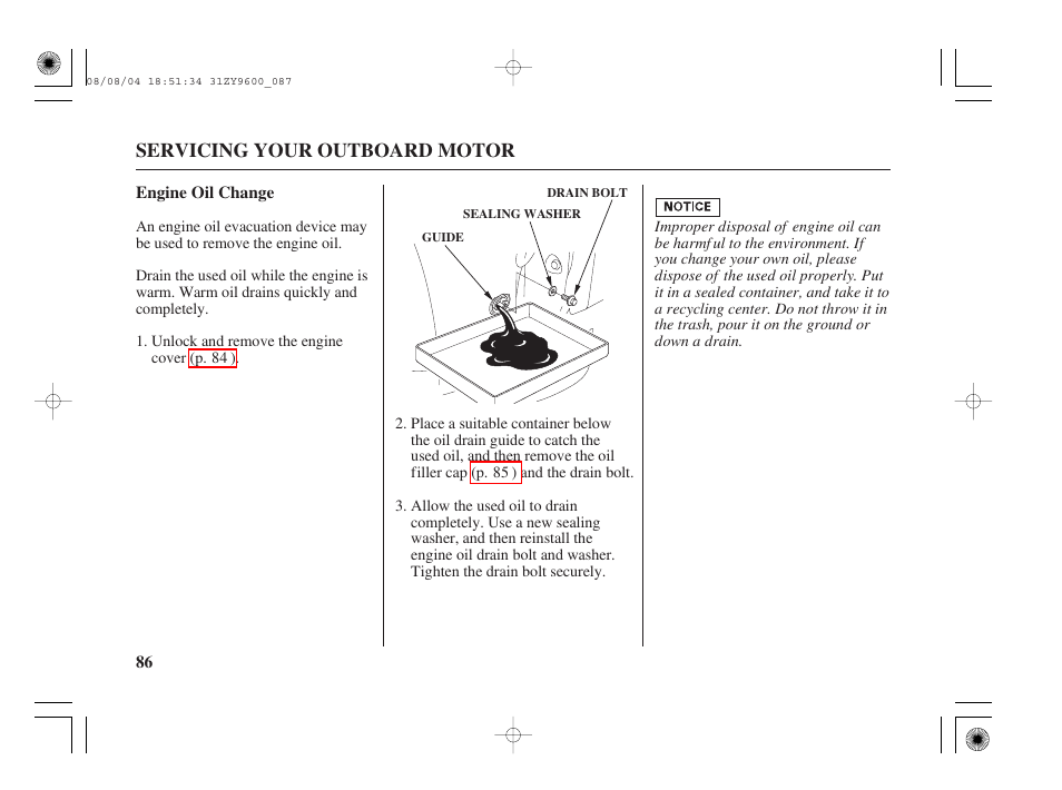 Engine oil change, Servicing your outboard motor | HONDA Outdoor Motor BF90D User Manual | Page 88 / 151