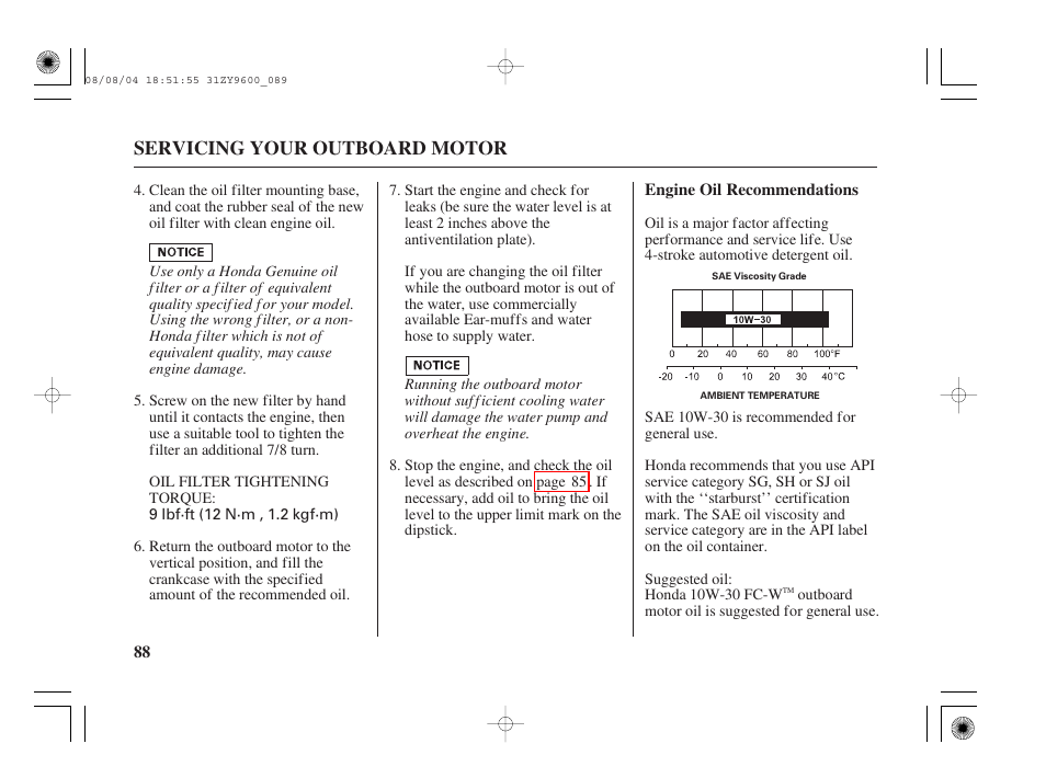 Engine oil recommendations, Servicing your outboard motor | HONDA Outdoor Motor BF90D User Manual | Page 90 / 151