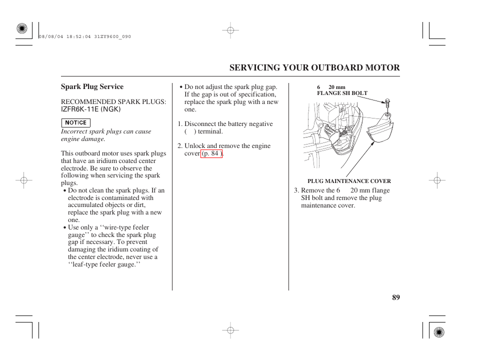 Spark plug service | HONDA Outdoor Motor BF90D User Manual | Page 91 / 151