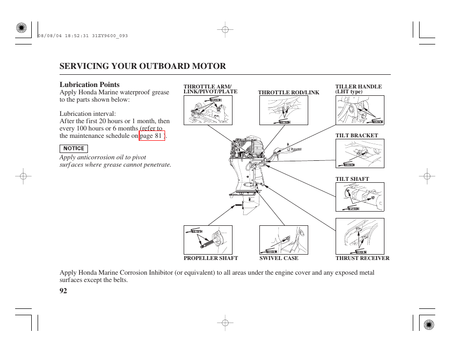 Lubrication points, Servicing your outboard motor | HONDA Outdoor Motor BF90D User Manual | Page 94 / 151