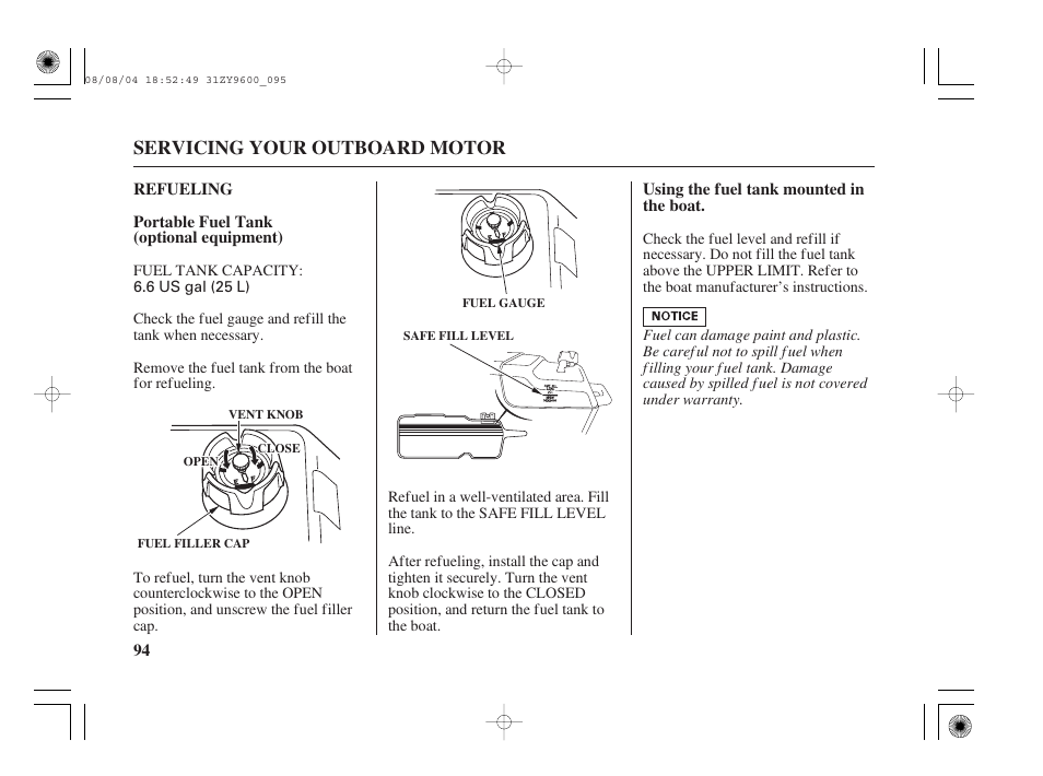Refueling, Portable fuel tank (optional equipment), Servicing your outboard motor | HONDA Outdoor Motor BF90D User Manual | Page 96 / 151