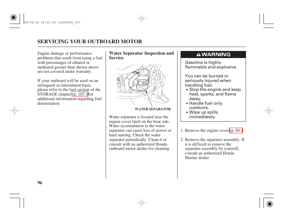 Water separator inspection and service | HONDA Outdoor Motor BF90D User Manual | Page 98 / 151