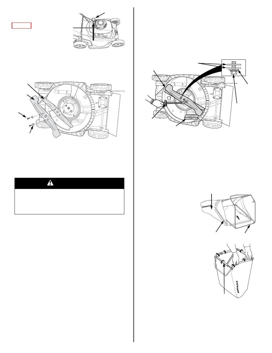 Grass bag cleaning and replacement, Warning | HONDA HRX217VKA User Manual | Page 10 / 24